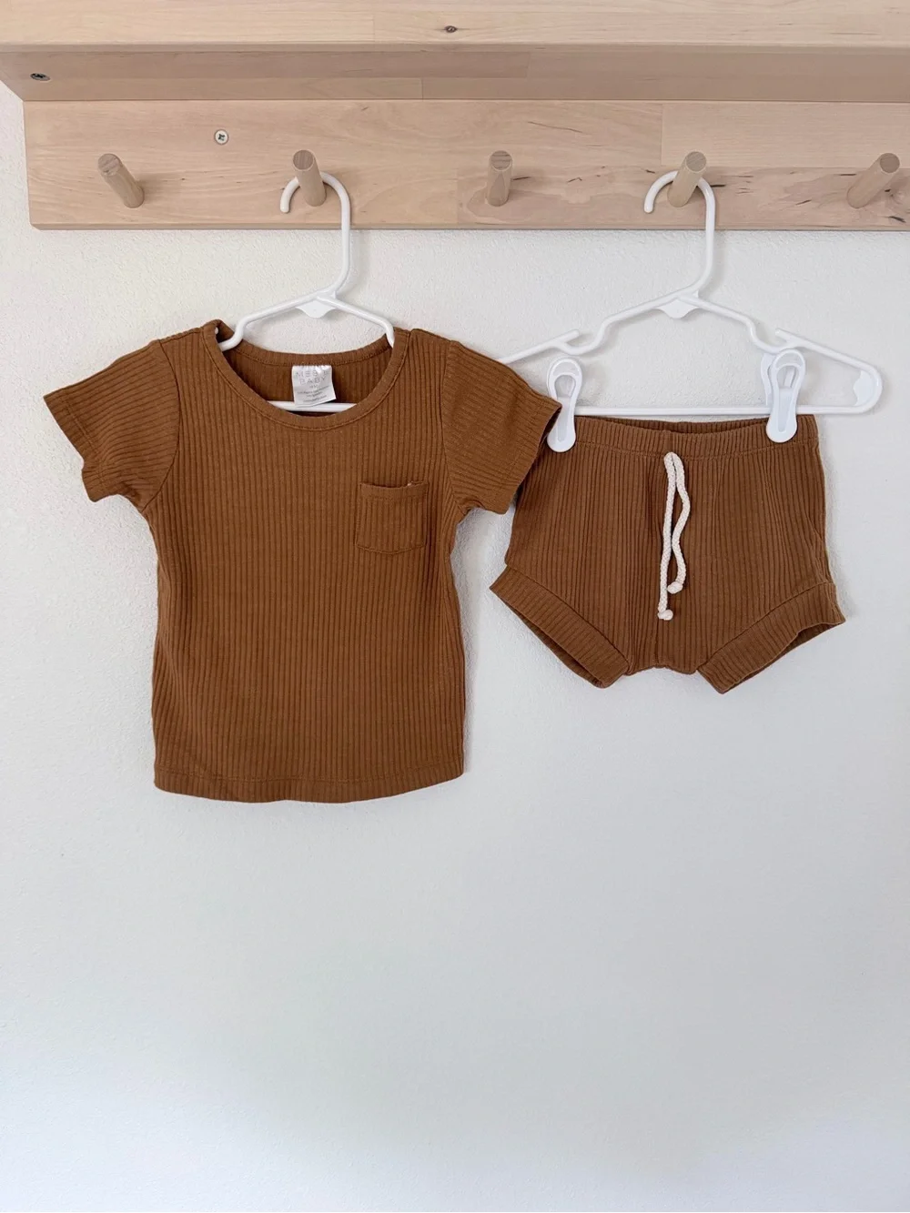 Mebie Baby Ribbed Short Sleeve T & Drawstring Shorts Set - Brown